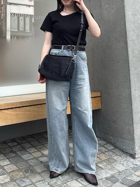 「russet（ラシット）のナイロンラフィアショルダーバッグ（ショルダーバッグ、ブラック系）」を使った、yktさん（レディース・158cm）の夏コーディネート