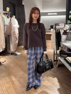 「JEANASIS（ジーナシス）のパジャマチェックイージーパンツ/1050423（その他パンツ、ブルー系）」を使った、HARUさん（レディース・163cm）の夏コーディネート
