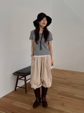 「JEANASIS（ジーナシス）のミリタリータックボリュームパンツ/657336（その他パンツ、ベージュ系）」を使った、HARUさん（レディース・163cm）の春コーディネート