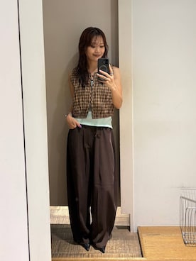「JEANASIS（ジーナシス）のランダムシャーリングZIP NS/1051991（ベスト、ブラウン系）」を使った、HARUさん（レディース・163cm）の夏コーディネート