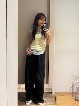 「JEANASIS（ジーナシス）のマルチボーダーヘンリーSS TEE/670824（Tシャツ/カットソー、ホワイト系）」を使った、HARUさん（レディース・163cm）の春コーディネート
