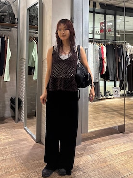 「JEANASIS（ジーナシス）のチェーンハンドルキンチャクBAG/1023355（ショルダーバッグ、ブラック系）」を使った、HARUさん（レディース・163cm）の夏コーディネート