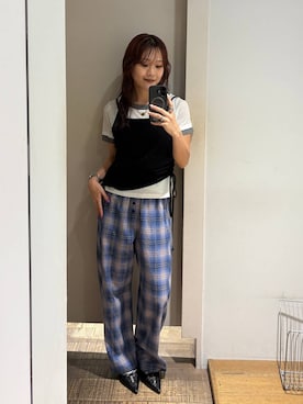 「JEANASIS（ジーナシス）のパジャマチェックイージーパンツ/1050423（その他パンツ、ブルー系）」を使った、HARUさん（レディース・163cm）の夏コーディネート
