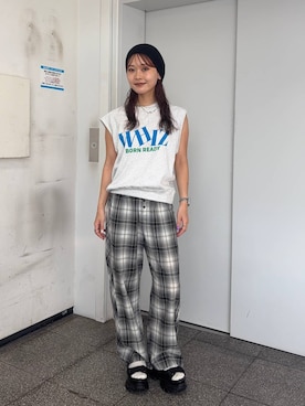 「JEANASIS（ジーナシス）のサイドロゴビーニー/1023343（ニットキャップ/ビーニー、ブラック系）」を使った、HARUさん（レディース・163cm）の夏コーディネート