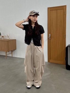 「JEANASIS（ジーナシス）のミリタリータックボリュームパンツ/657336（その他パンツ、ベージュ系）」を使った、HARUさん（レディース・163cm）の春コーディネート