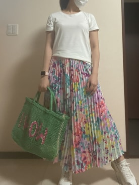 「UNIQLO（ユニクロ）のスーピマコットンリブクルーネックT（半袖）（Tシャツ/カットソー）」を使った、ろっきー24さん（レディース・165cm）の夏コーディネート