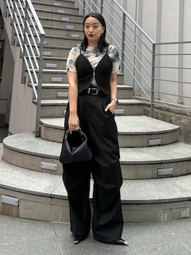 「Lui's（ルイス）のマーブルプリントシアー半袖トップス（Tシャツ/カットソー、グリーン系）」を使った、miuさん（レディース・158cm）の春コーディネート