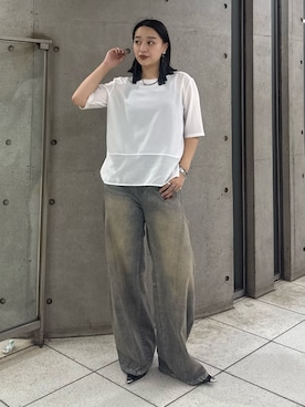 「Lui's（ルイス）のシアー切替ブラウス（シャツ/ブラウス、ホワイト系）」を使った、miuさん（レディース・158cm）の夏コーディネート