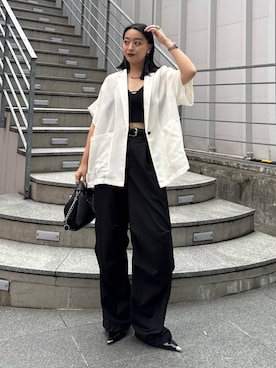 「Lui's（ルイス）のメッシュ半袖スリットジャケット（テーラードジャケット、ホワイト系）」を使った、miuさん（レディース・158cm）の春コーディネート