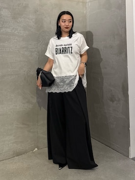 「Lui's（ルイス）のレース切替プリントロゴTシャツ（Tシャツ/カットソー、ホワイト系）」を使った、miuさん（レディース・158cm）の春コーディネート