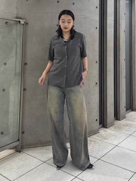「Lui's（ルイス）のドライタッチオープンカラーs/sシャツ（シャツ/ブラウス、グレー系）」を使った、miuさん（レディース・158cm）の夏コーディネート