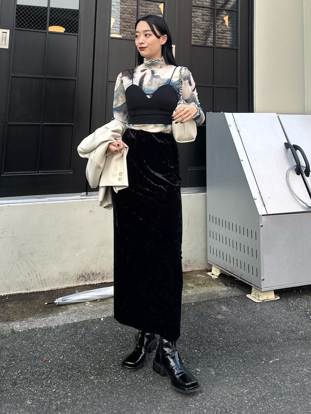 「春色、春めき満開コーデ、おでかけコーデ、オトナカジュアル、着回しコーデ、きれいめコーデ、春カラー、今日のコーデ、大人かわいい、シアートップス、ハイネックトップス」｜「Lui'sのマーブルプリントシアートップス（Tシャツ/カットソー、グリーン系）」を使った、miuさん（骨格ストレート・レディース・158cm）の春コーディネートの1枚目の写真