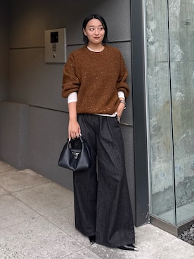 「Lui's（ルイス）のタックワイドデニム（デニムパンツ）」を使った、miuさん（レディース・158cm）の秋コーディネート