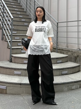 「Lui's（ルイス）のレース切替プリントロゴTシャツ（Tシャツ/カットソー、ホワイト系）」を使った、miuさん（レディース・158cm）の春コーディネート
