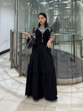 「Lui's（ルイス）の【miu企画/WEB限定】ダブルジップビスチェ（Tシャツ/カットソー、ブラック系）」を使った、miuさん（レディース・158cm）の春コーディネート