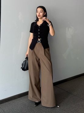 「Lui's（ルイス）の前ギャザーデザイン半袖ニットプルオーバー（Tシャツ/カットソー、ブラック系）」を使った、miuさん（レディース・158cm）の春コーディネート