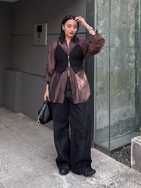 「Lui's（ルイス）のシアーギャザーダブルZIPシャツ（シャツ/ブラウス、ブラウン系）」を使った、miuさん（レディース・158cm）の春コーディネート
