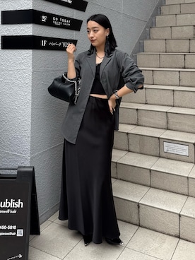 「Lui's（ルイス）のストライプテーラードシャツ（シャツ/ブラウス、グレー系）」を使った、miuさん（レディース・158cm）の春コーディネート
