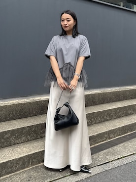「Lui's（ルイス）のチュールドッキングティアードプルオーバーTシャツ（Tシャツ/カットソー、グレー系）」を使った、miuさん（レディース・158cm）の春コーディネート