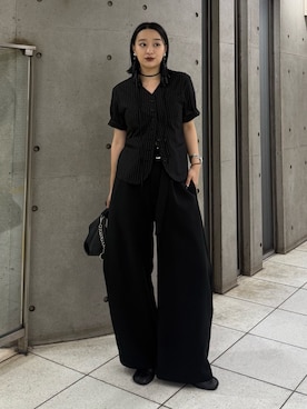「Lui's（ルイス）のストライプ半袖ジャケット（シャツ/ブラウス、ブラック系）」を使った、miuさん（レディース・158cm）の春コーディネート