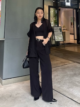 「Lui's（ルイス）のメッシュ半袖スリットジャケット（テーラードジャケット、ブラック系）」を使った、miuさん（レディース・158cm）の春コーディネート