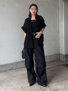 「Lui's（ルイス）のメッシュ半袖スリットジャケット（テーラードジャケット、ブラック系）」を使った、miuさん（レディース・158cm）の夏コーディネート