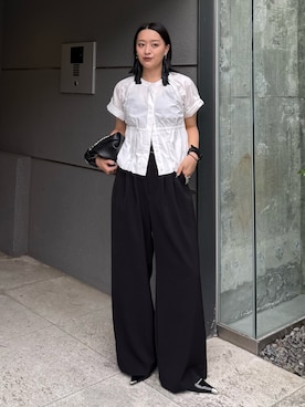 「Lui's（ルイス）のショート丈バルーンs/sシャツ（シャツ/ブラウス、ホワイト系）」を使った、miuさん（レディース・158cm）の春コーディネート