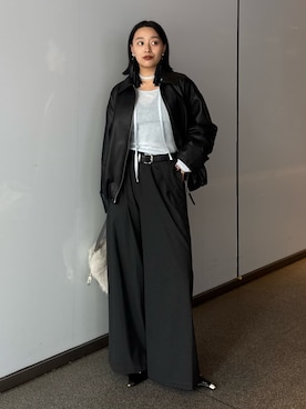 「Lui's（ルイス）のステッチ使いエコレザーブルゾン（ブルゾン、ブラック系）」を使った、miuさん（レディース・158cm）の夏コーディネート