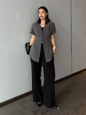 「Lui's（ルイス）の半袖ウエストタックジャケットシャツ（シャツ/ブラウス、グレー系）」を使った、miuさん（レディース・158cm）の春コーディネート