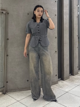 「Lui's（ルイス）のストライプ半袖ジャケット（シャツ/ブラウス、グレー系）」を使った、miuさん（レディース・158cm）の夏コーディネート