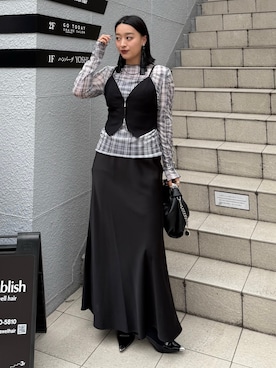 「Lui's（ルイス）のチェックシアートップス（Tシャツ/カットソー、ブラック系）」を使った、miuさん（レディース・158cm）の春コーディネート
