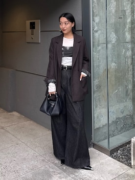 「Lui's（ルイス）のタックワイドデニム（デニムパンツ）」を使った、miuさん（レディース・158cm）の秋コーディネート