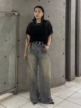 「Lui's（ルイス）のレースドロストデザインプルオーバー（Tシャツ/カットソー、ブラック系）」を使った、miuさん（レディース・158cm）の夏コーディネート