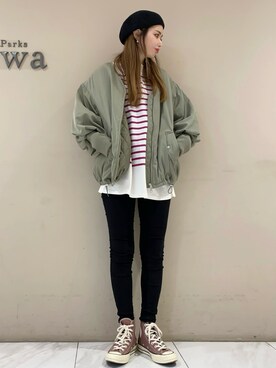 「カーキアウター」｜「アイテム（その他アウター）」を使った、sumiさん（レディース・161cm）の冬コーディネート