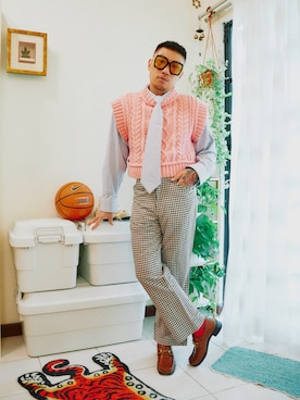 「アイテム（その他アウター、ピンク系）」を使った、Ethan Chuさん（メンズ・172cm）の冬コーディネート