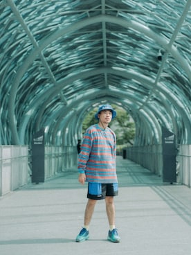 「Guess（ゲス）のアイテム（帽子）」を使った、Ethan Chuさん（メンズ・172cm）の夏コーディネート