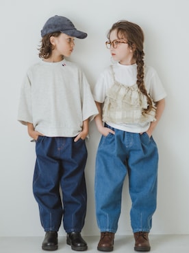「BRANSHES（ブランシェス）の7分袖スウェットTシャツ（Tシャツ/カットソー、グレー系）」を使った、branshesさん（キッズ・110cm）の夏コーディネート
