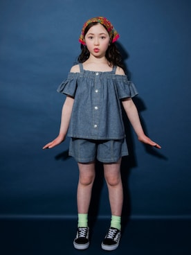 「EDWIN（エドウィン）の【Ou? by EDWIN】デニムフレアショートパンツ（デニムパンツ、ブルー系）」を使った、branshesさん（キッズ・110cm）の夏コーディネート
