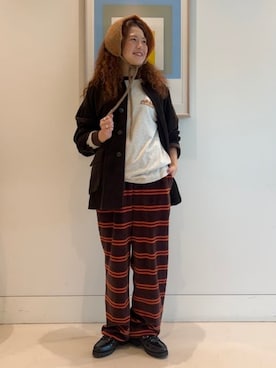 「Healthknit（ヘルスニット）の【別注】Healthknit / ボーダー ベロア イージーパンツ（その他パンツ、ブラウン系）」を使った、BEAMS BOYさん（レディース・166cm）の秋コーディネート