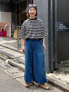 「BEAMS BOY（ビームスボーイ）のボーダー ビッグ ショートスリーブ（Tシャツ/カットソー、ブルー系）」を使った、BEAMS BOYさん（レディース・153cm）の夏コーディネート