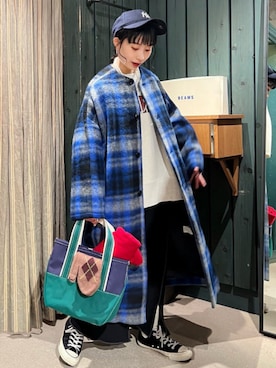 「BEAMS BOY（ビームスボーイ）のアイテム（ノーカラーコート）」を使った、BEAMS BOYさん（レディース・151cm）の冬コーディネート