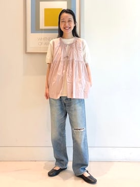 「BEAMS BOY（ビームスボーイ）のコットン ギャザー ノースリーブ（シャツ/ブラウス、レッド系）」を使った、BEAMS BOYさん（レディース・153cm）の夏コーディネート