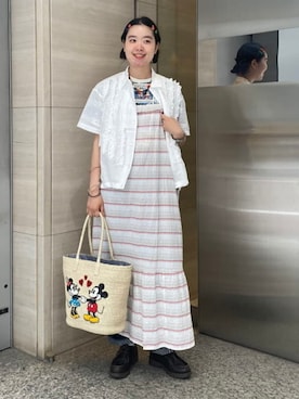 「BEAMS BOY（ビームスボーイ）のドビー フリル ショートスリーブ シャツ（シャツ/ブラウス、ホワイト系）」を使った、BEAMS BOYさん（レディース・153cm）の夏コーディネート