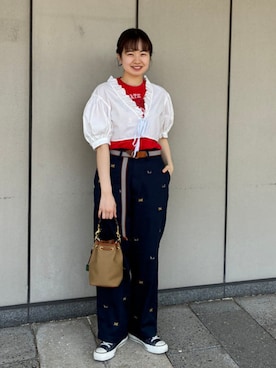 「BEAMS BOY（ビームスボーイ）のボーイ ドッグ エンブロイダリー チノ（チノパンツ、ブルー系）」を使った、BEAMS BOYさん（レディース・153cm）の夏コーディネート