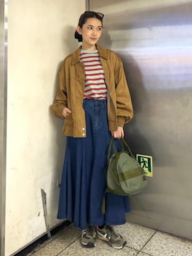「BEAMS BOY（ビームスボーイ）のベーシック ボーダー ロング スリーブ（Tシャツ/カットソー、レッド系）」を使った、BEAMS BOYさん（レディース・166cm）の秋コーディネート