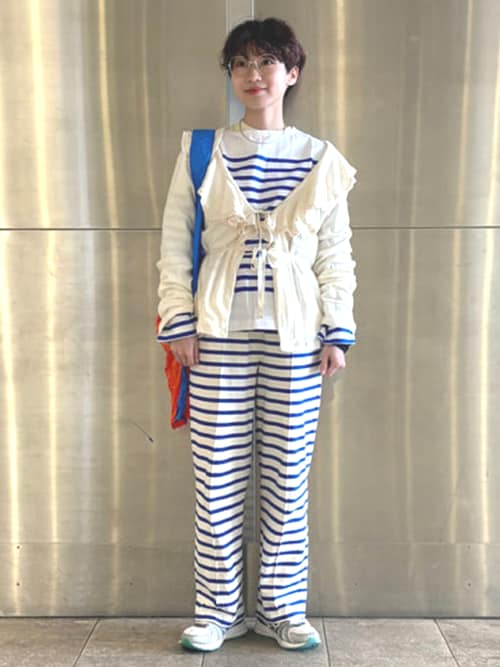 BEAMS BOY ビームスボーイ Tシャツ カットソー トップス ロング丈 長袖 ボートネック スーパービッグ ボーダー コットン 綿 22春夏 ホワイト グリーン 白緑 FREE 女性 着回し カジュアル ブランド 【レディース】【中古】【美品】 BEAMS BOY（ビームス ボーイ） tシャツ ナバルボーダー ビッグ ボート
