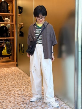 「BEAMS BOY（ビームスボーイ）のリネン ソリッド ショートスリーブ（シャツ/ブラウス、グレー系）」を使った、BEAMS BOYさん（レディース・153cm）の夏コーディネート