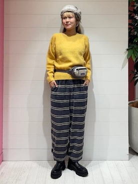 「Healthknit（ヘルスニット）の【別注】Healthknit / ボーダー ベロア イージーパンツ（その他パンツ、ブラック系）」を使った、BEAMS BOYさん（レディース・169cm）の秋コーディネート