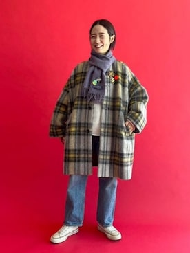 「BEAMS BOY（ビームスボーイ）のアイテム（ノーカラーコート）」を使った、BEAMS BOYさん（レディース・157cm）の冬コーディネート