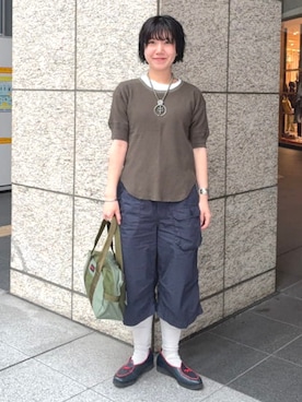 「BEAMS BOY（ビームスボーイ）のダメージ サーマル Tシャツ（Tシャツ/カットソー、グリーン系）」を使った、BEAMS BOYさん（レディース・153cm）の夏コーディネート